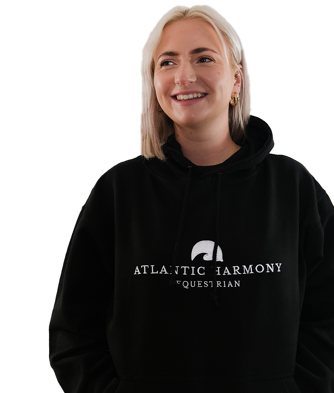 Close up of blonde haired female wearing Black Equestrian Hoodie for riding and yard tasks
