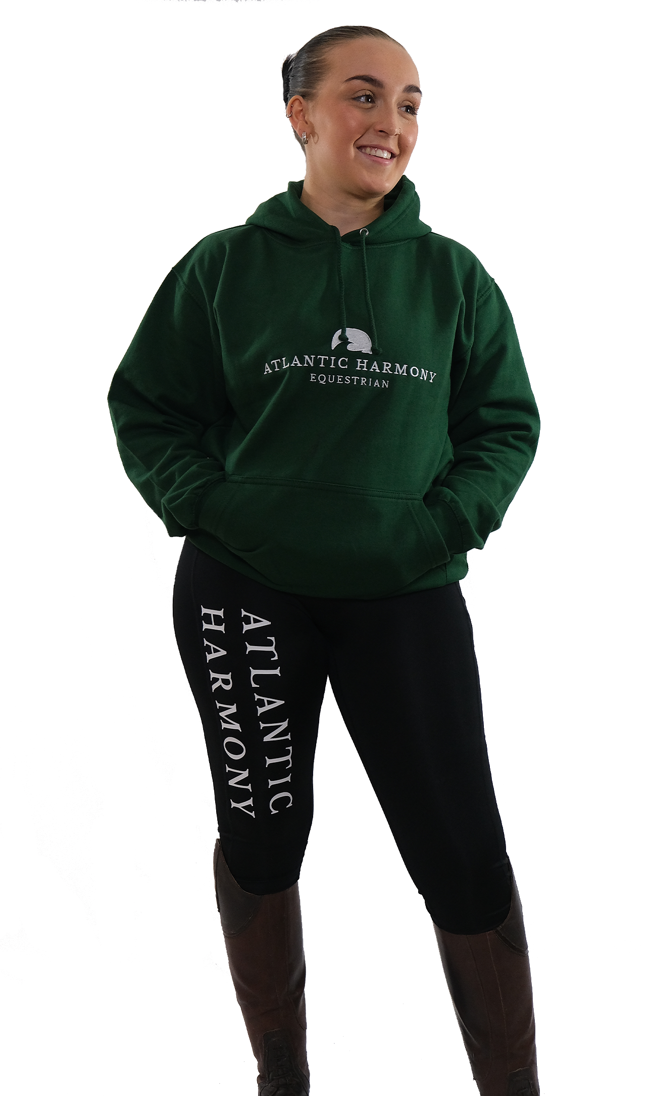 Female wearing equestrian hoodie in bottle green