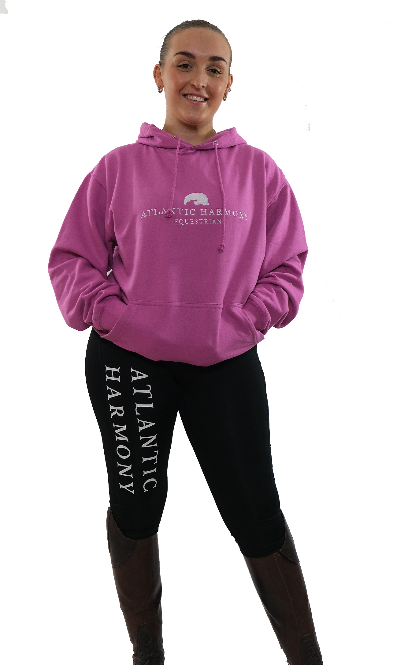 Pinky Purple equestrian riding hoodie modelled by brown haired girl