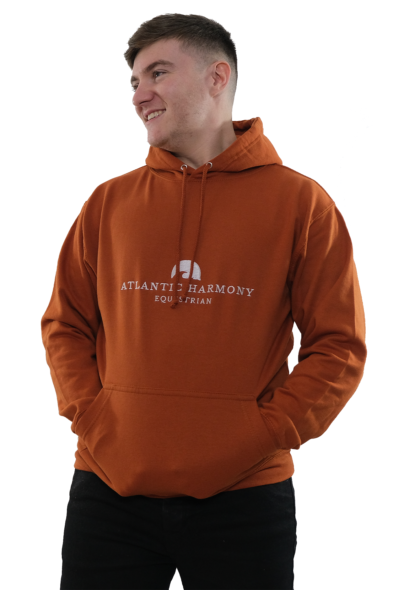 Brown haired male wearing Orange Equestrian Hoodie for riding and yard tasks