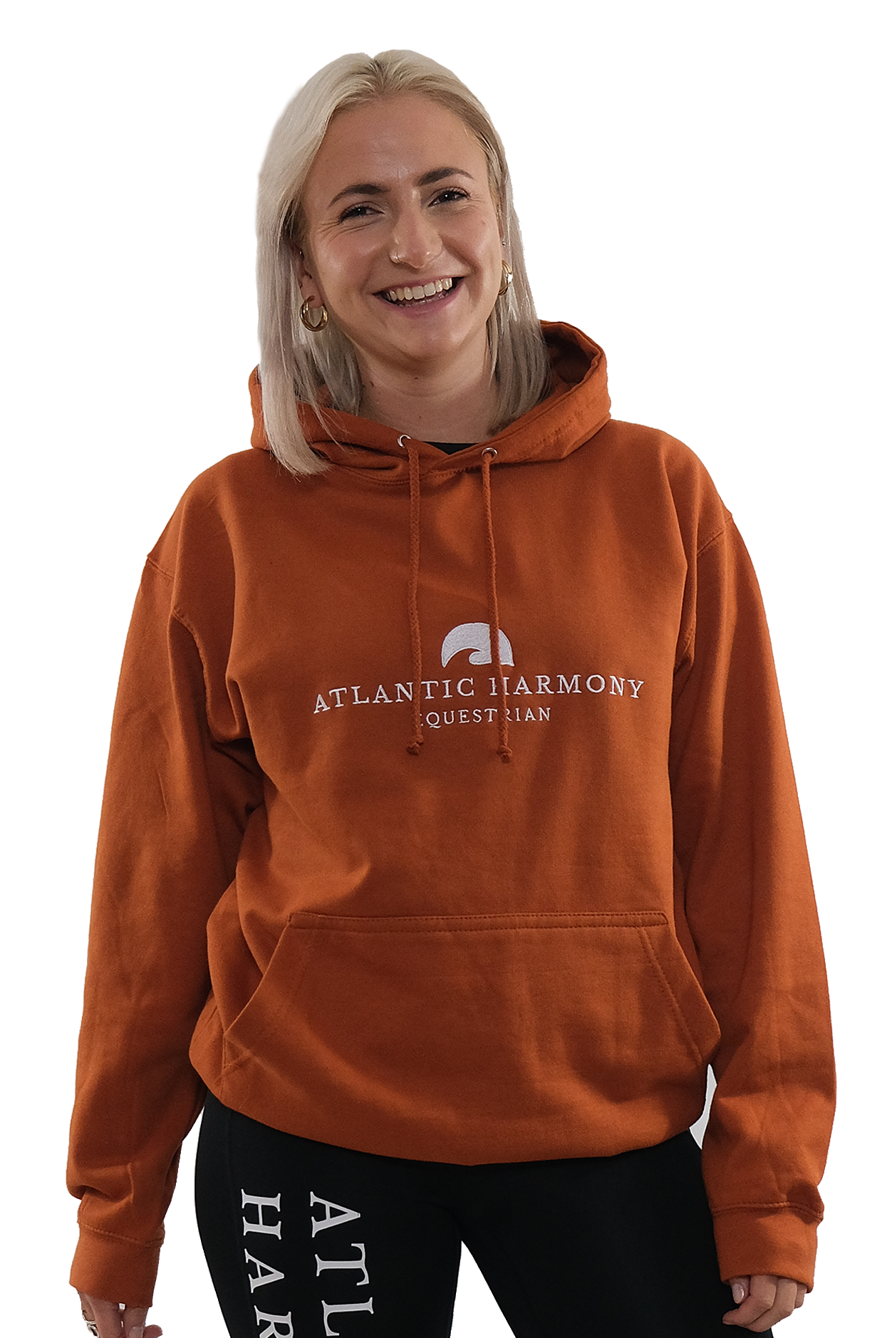 Blonde haired female wearing Orange Equestrian Hoodie for riding and yard tasks