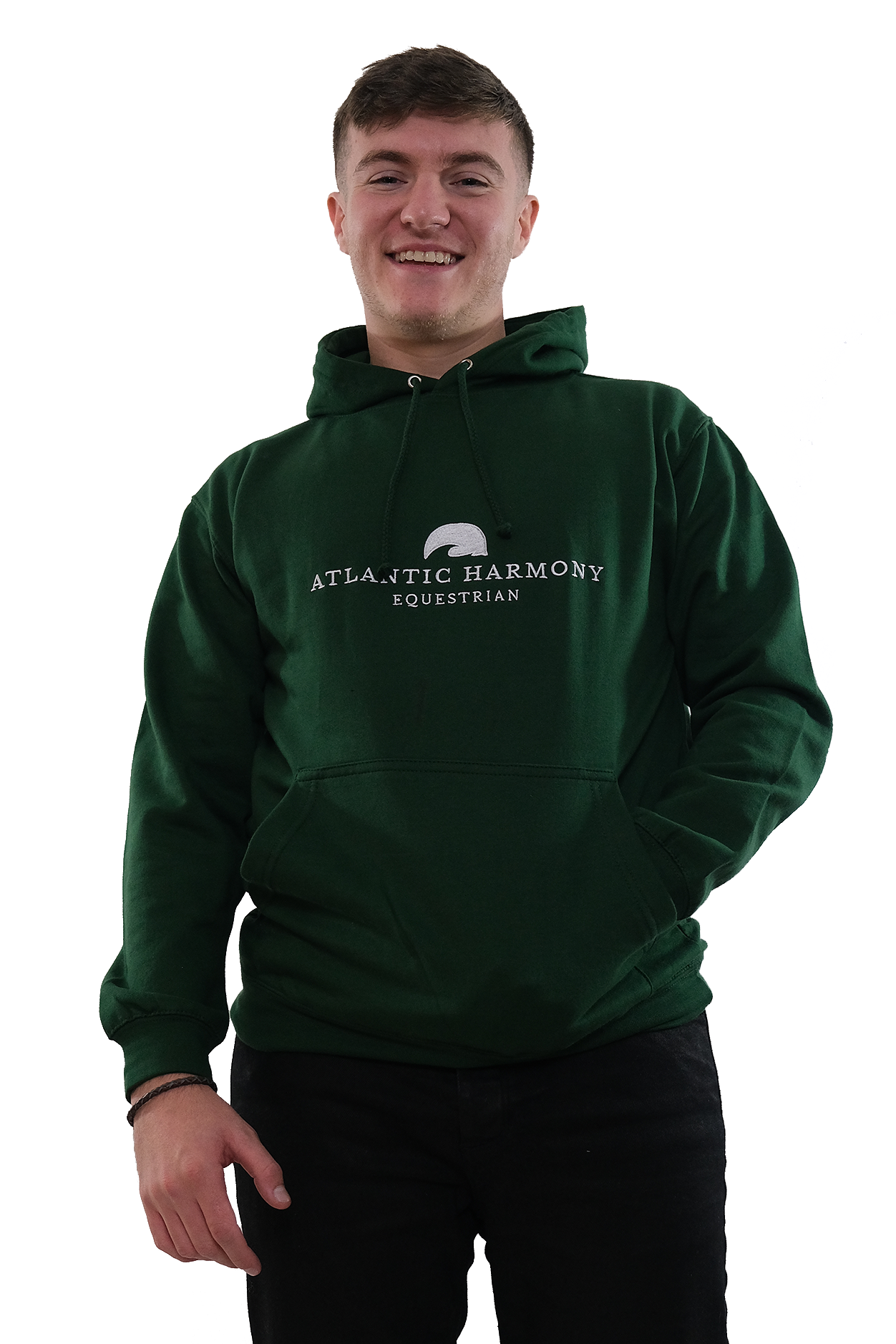 Male wearing equestrian hoodie in bottle green