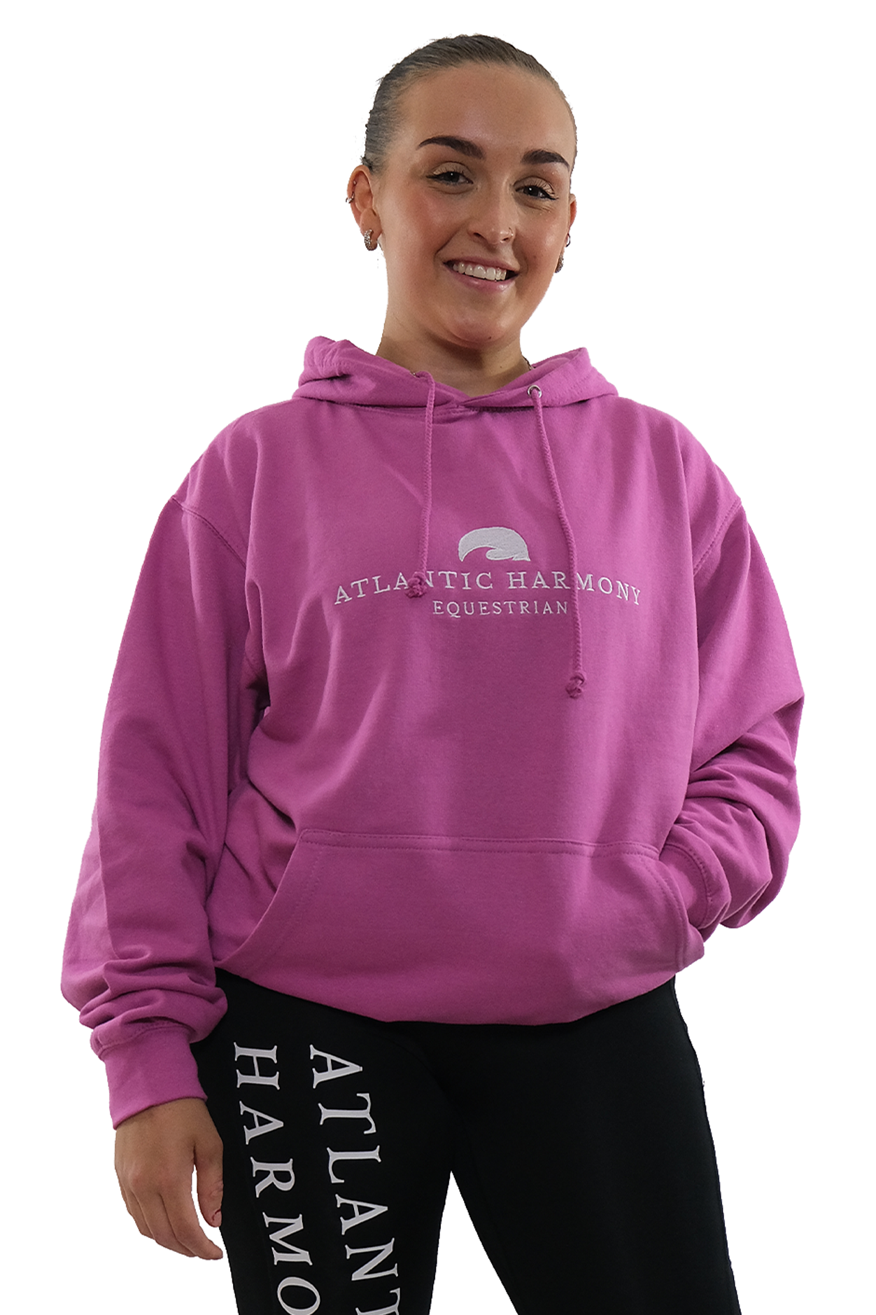 Pinky Purple equestrian riding hoodie modelled by brown haired girl