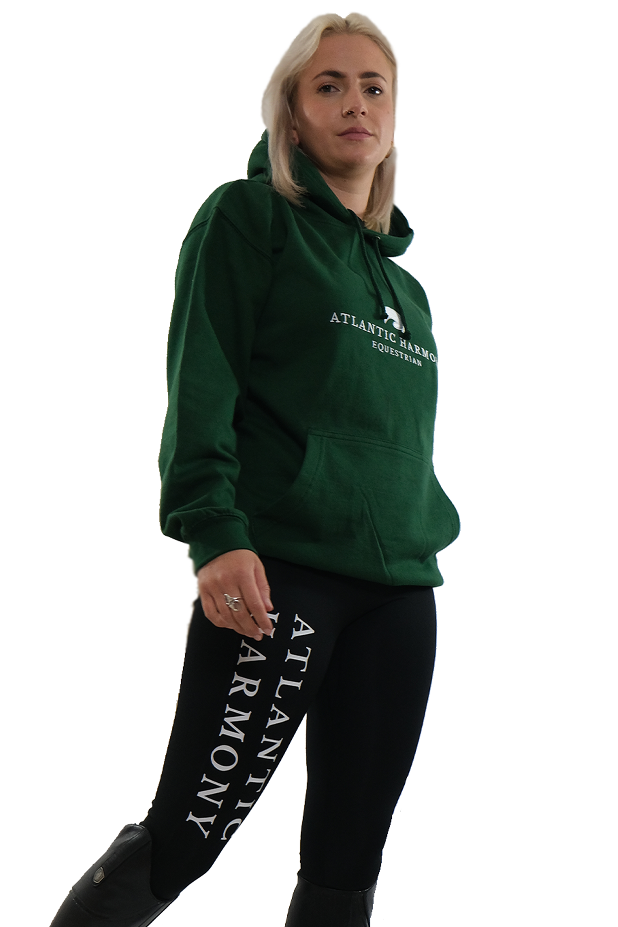 Female wearing equestrian hoodie in bottle green