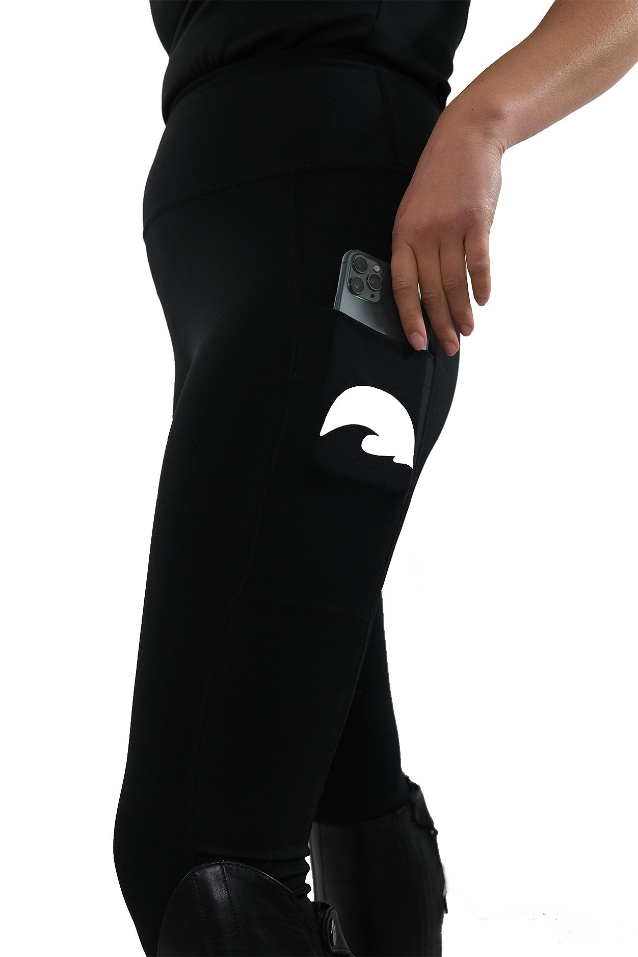 High waisted stretchy equestrian riding leggings with a phone pocket in black