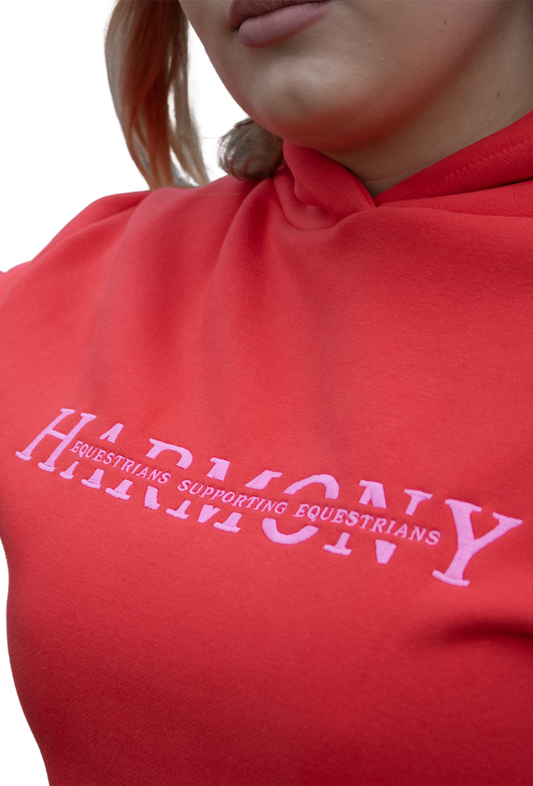 Equestrians Supporting Equestrians Hoodie – Red with Baby Pink Embroidery