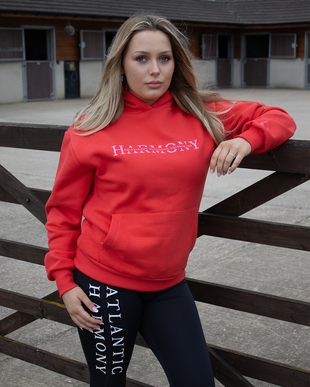 Equestrians Supporting Equestrians Hoodie – Red with Baby Pink Embroidery