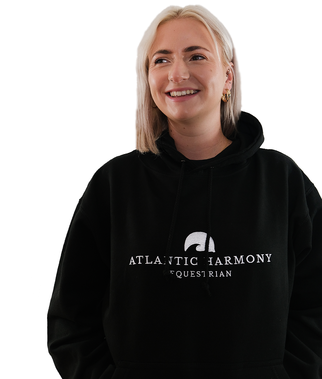 Close up of blonde haired female wearing Black Equestrian Hoodie for riding and yard tasks 