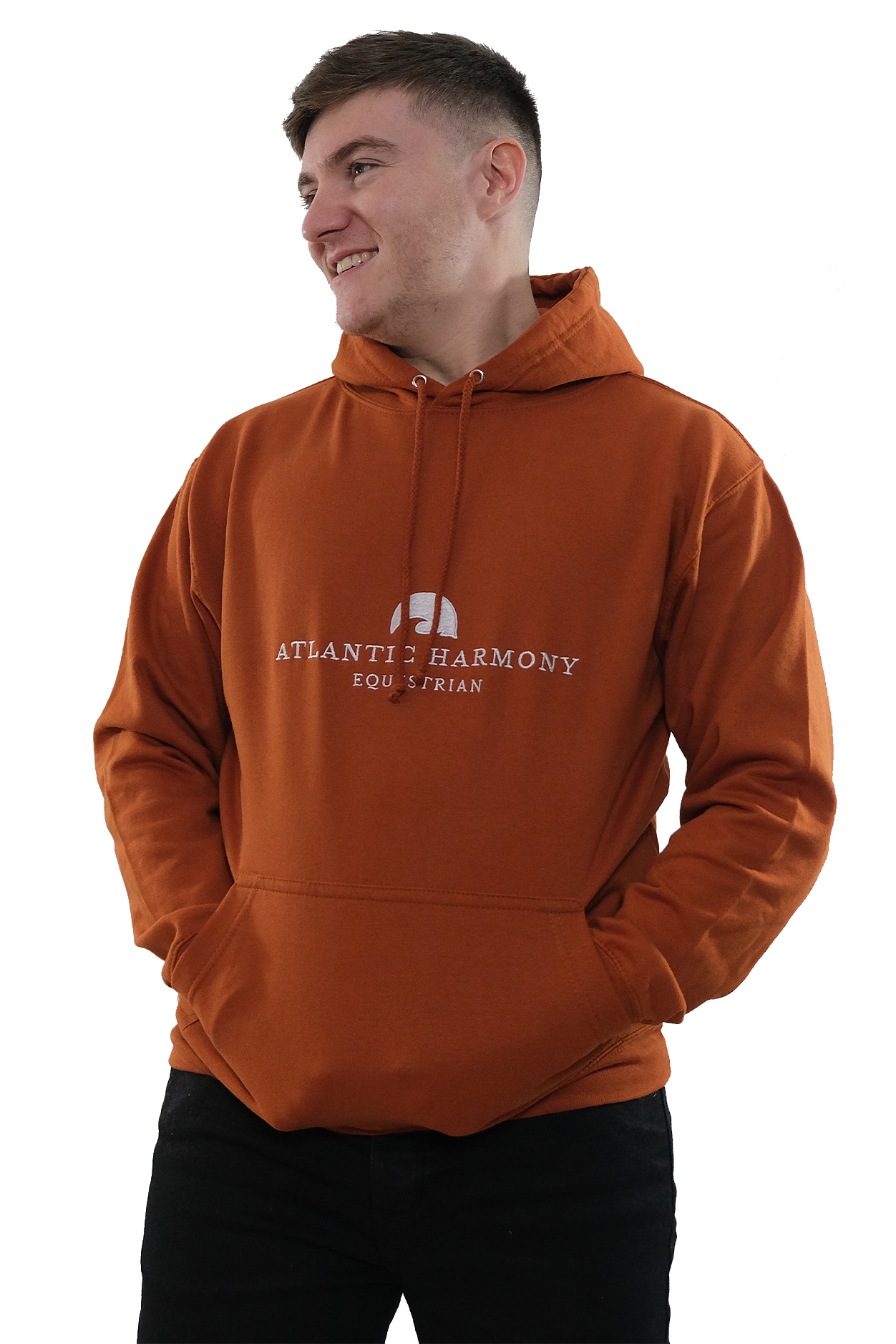 Brown haired male wearing Orange Equestrian Hoodie for riding and yard tasks 