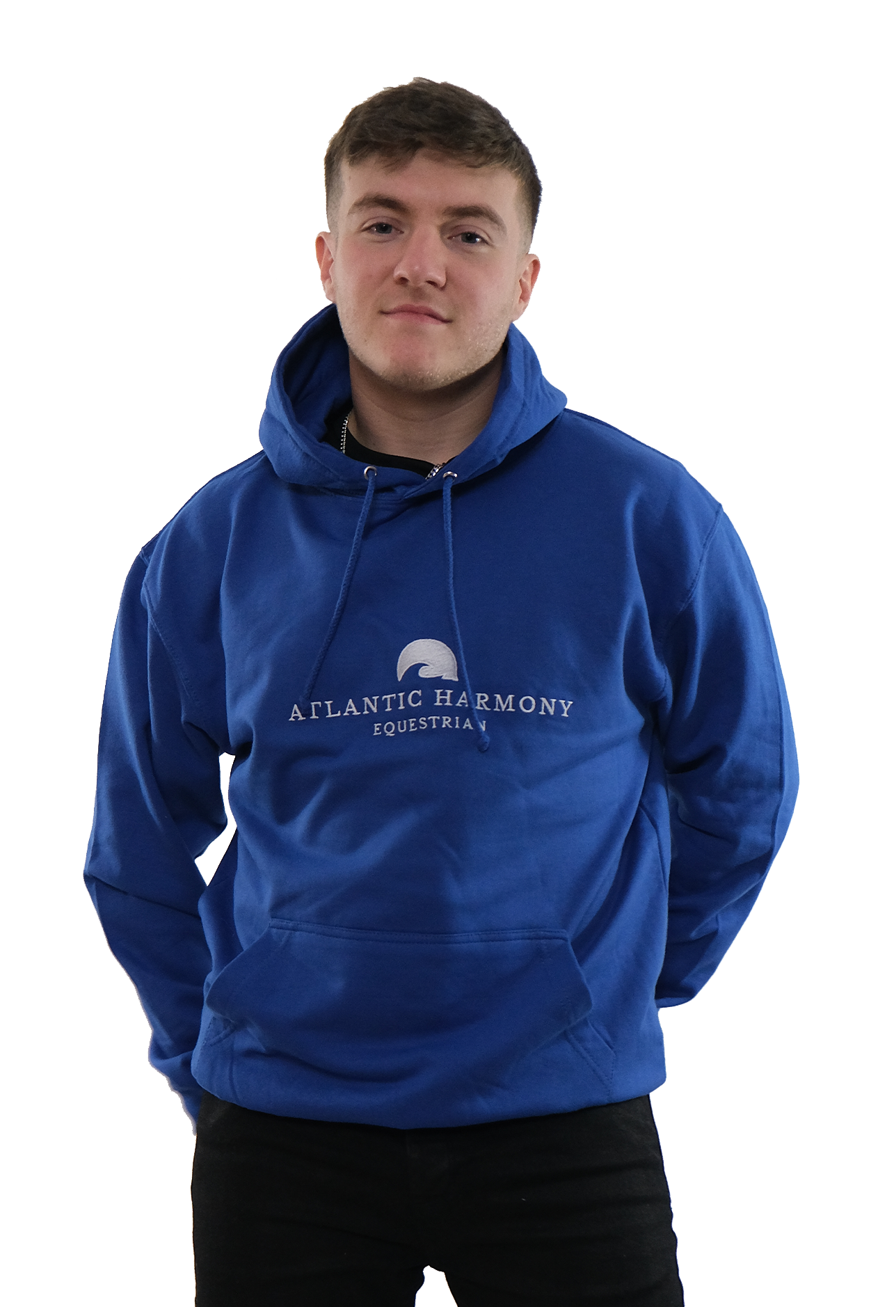 Male wearing equestrian hoodie in Royal Blue