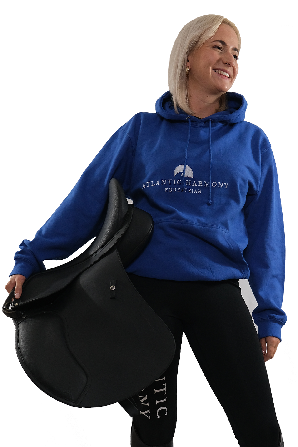 Female wearing equestrian hoodie in Royal Blue