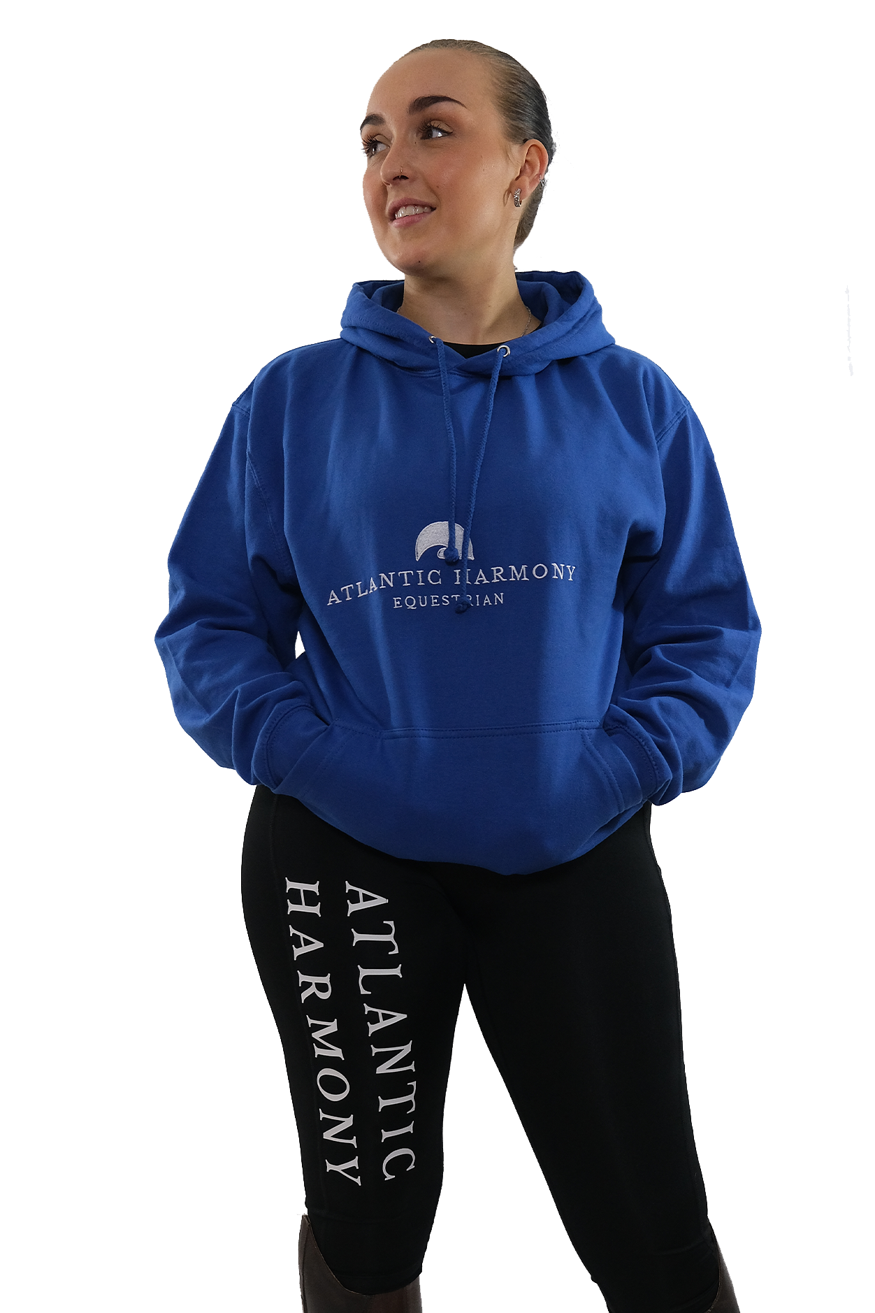 Female wearing equestrian hoodie in Royal Blue