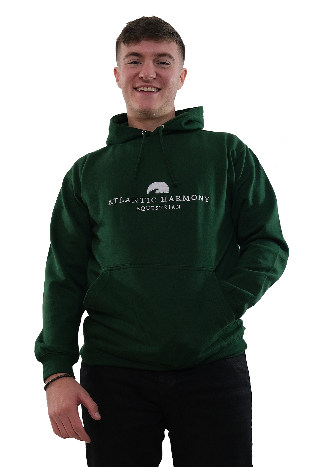 Male wearing equestrian hoodie in bottle green 