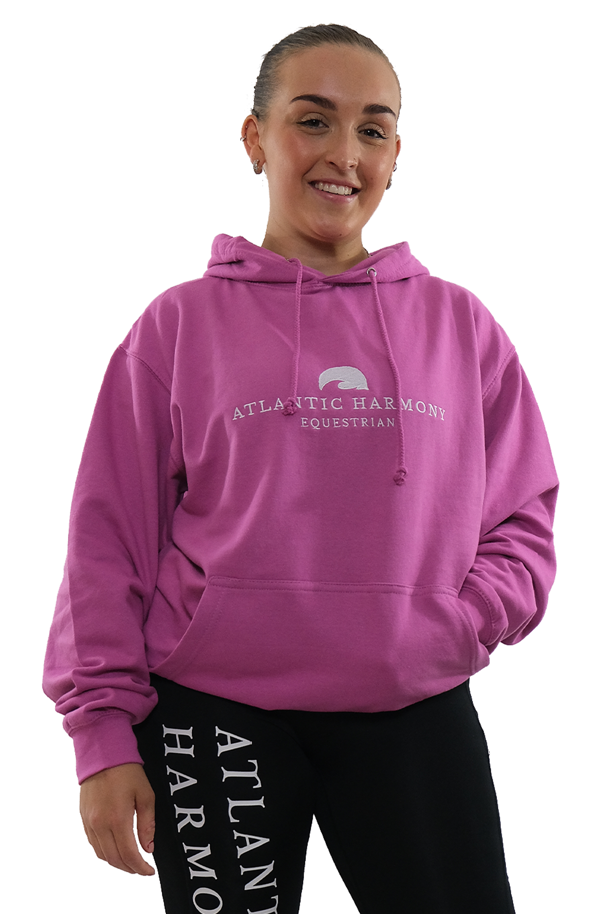 Pinky Purple equestrian riding hoodie modelled by brown haired girl  