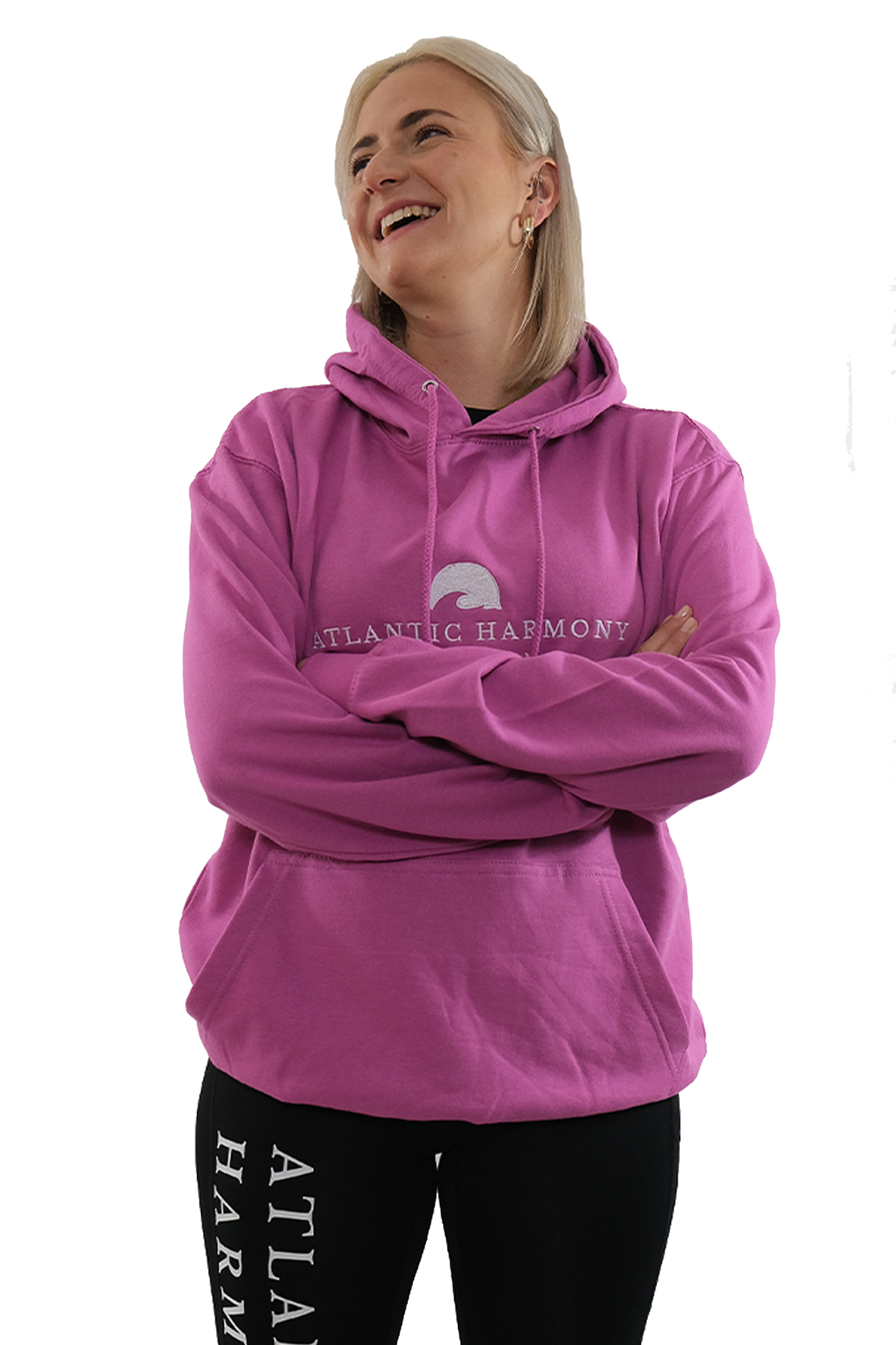 Pinky Purple equestrian riding hoodie modelled by blonde haired girl  