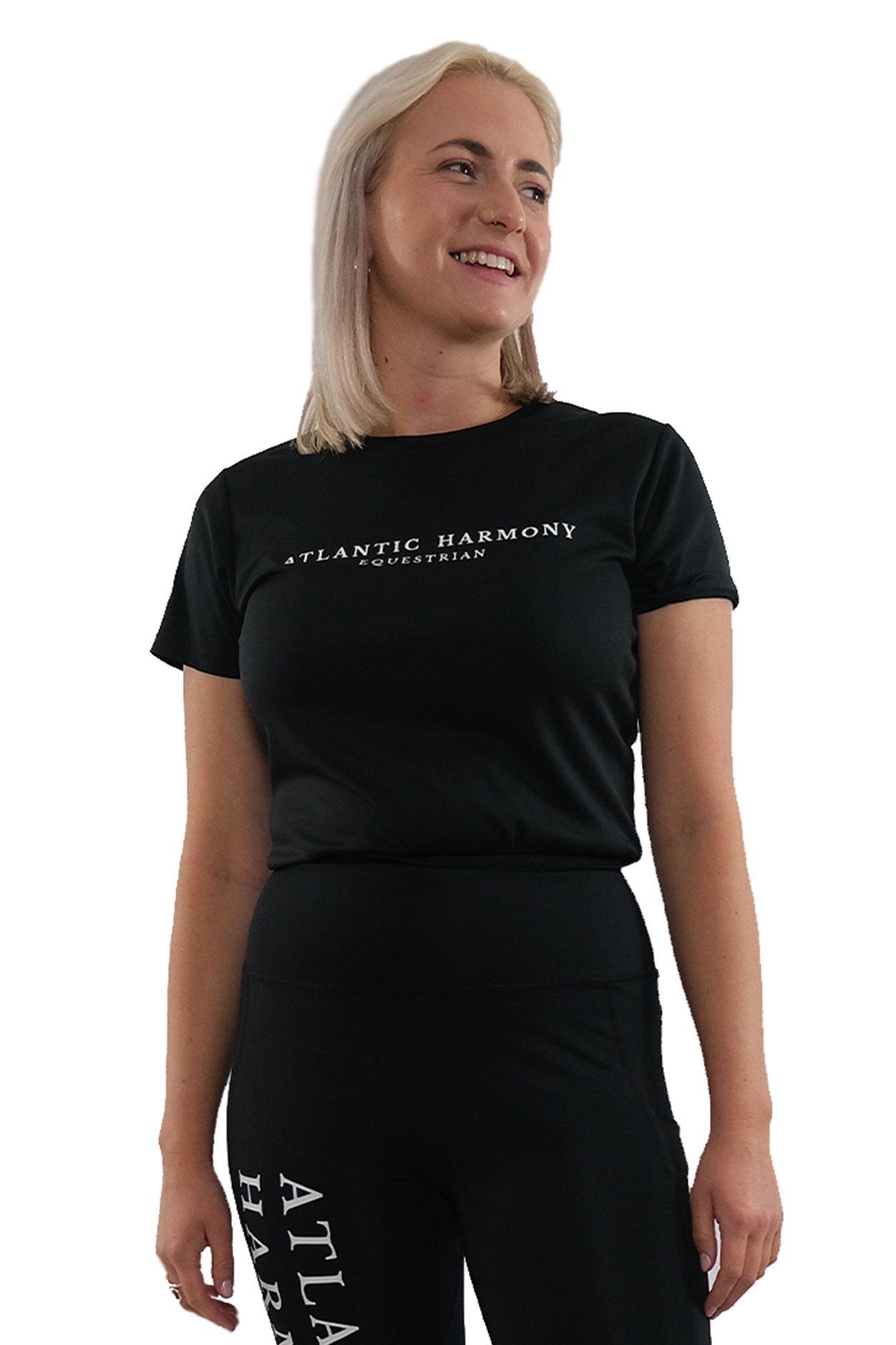 Female wearing a black equestrian riding top/ t-shirt