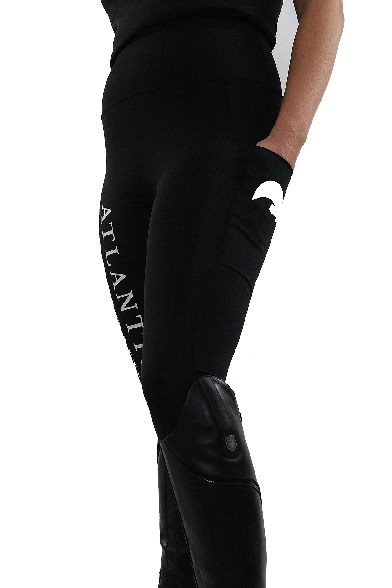 High waisted stretchy equestrian riding leggings with a phone pocket in black 