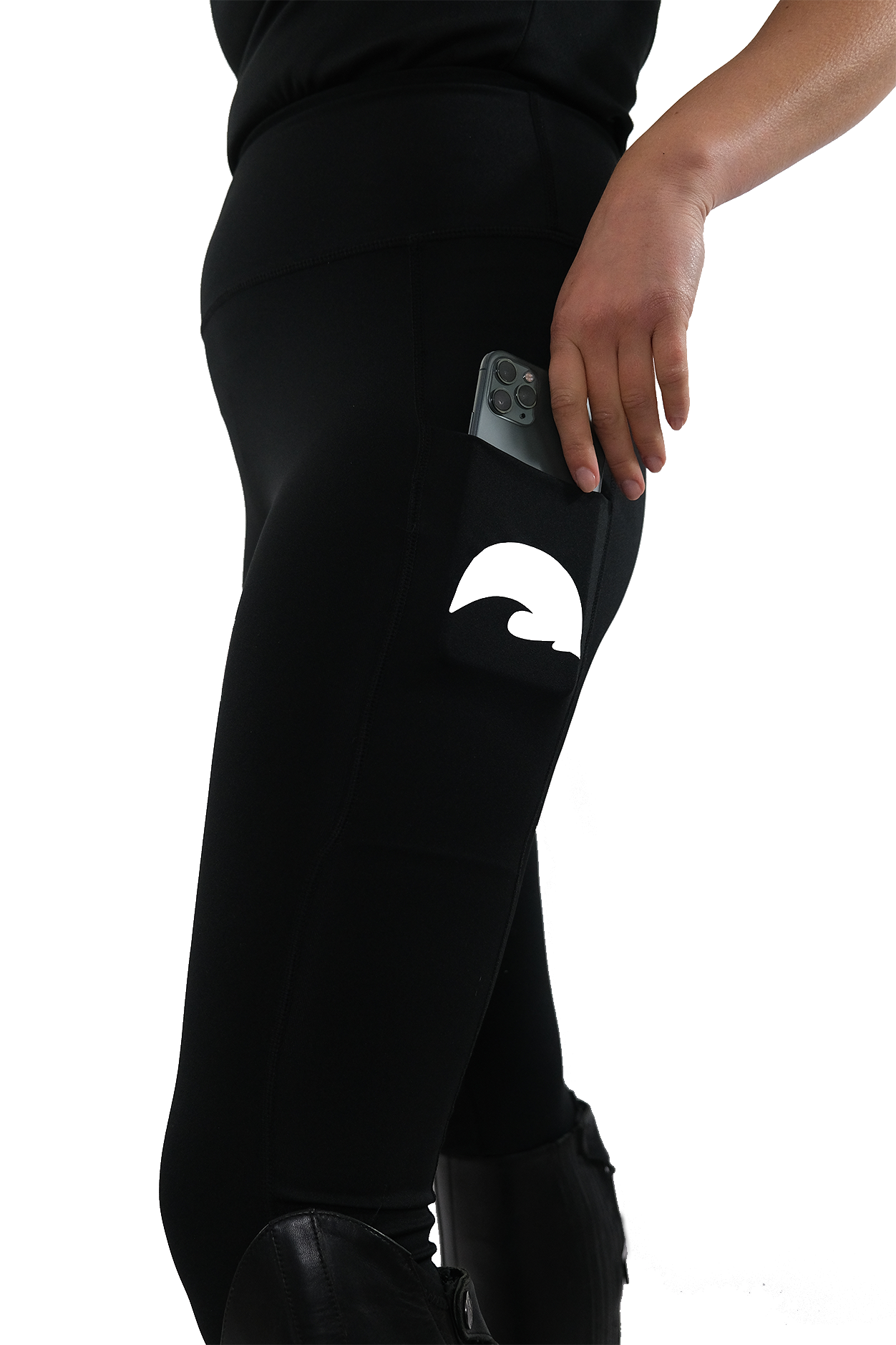 High waisted stretchy equestrian riding leggings with a phone pocket in black 