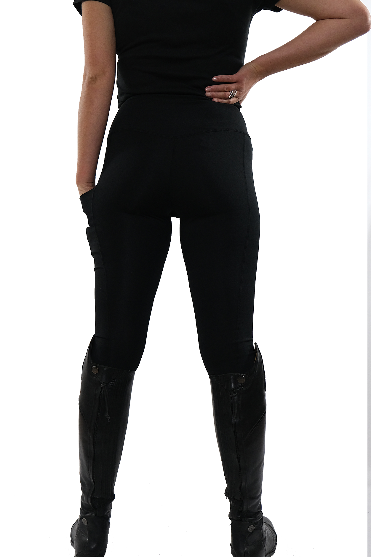 High waisted stretchy equestrian riding leggings with a phone pocket in black 